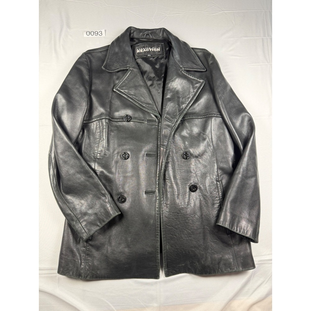 Kenneth Cole Reaction Womens Black Leather Double Breasted Pea Coat Jacket L